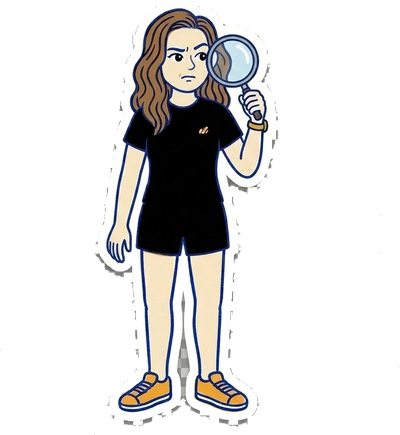 Cartoon Brinda inspecting with a magnifying glass