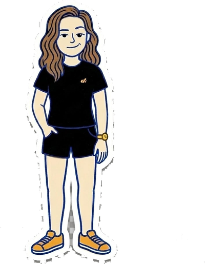 Cartoon Brinda off duty, hands in pockets